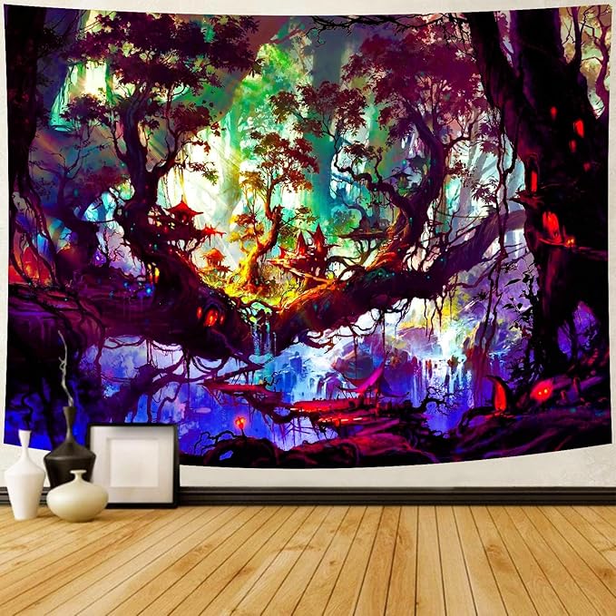 Delur Fantasy Forest Tapestry Mystical Landscape Magical Enchanted Forest Tree Nature Tapestry Psychedelic Wall Hanging Headboard for Bedroom Living Room Home Decor (51.2" x 59.1")-Ruum Studio Home