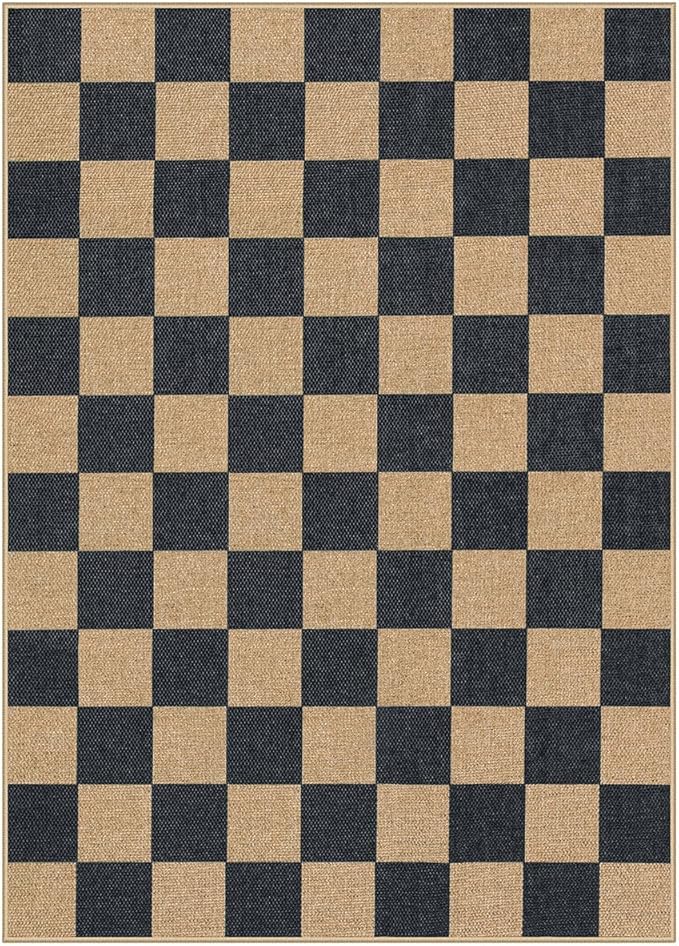 Lahome Checkered Easy Jute Area Rug, 5x7 Outdoor Patio Rug Washable Carpet for Living Room Checkerboard Indoor Outdoor Carpet, Farmhouse Geometric Non Slip Black Mat for Backyard Dining Room-Ruum Studio Home
