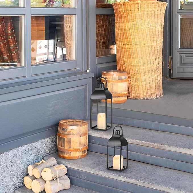 Lanterns Decorative Outdoor Indoor, Black Metal Outdoor Lanterns, 17'' 13'' Set of 2 Modern Farmhouse Candle Lantern Halloween Lanterns Centerpieces for Home, Wedding, Patio, Porch, Mantel-Ruum Studio Home