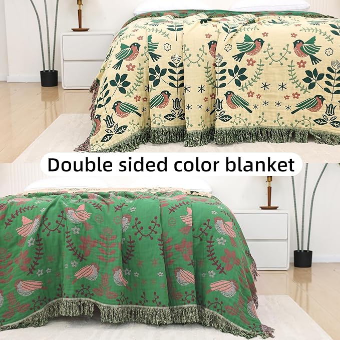 Boho Throw Blanket for Bed, 100% Pure Cotton Ultra Soft Rustic Quilt, Farmhouse Decor Bed Blankets, All Season Rustic Throw for Sofa Couch Chair(80''x 90'', Bird B)-Ruum Studio Home