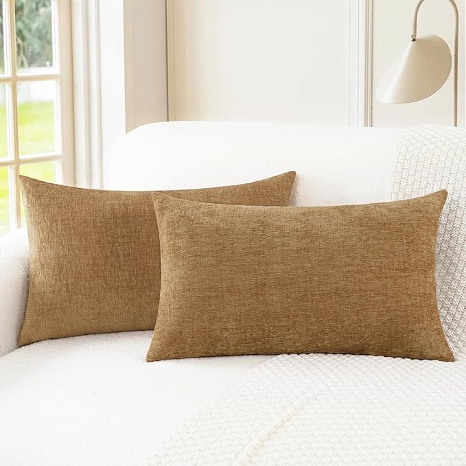 CaliTime Throw Pillow Covers Decorative 16 X 26 Inches Pack of 2 Cozy Chenille Cushion Cases for Couch Sofa Bed Living Room Home Apricot Brown-Ruum Studio Home