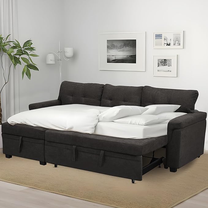Naomi Home Transform Any Space: Sleeper Sectional Sofa with Convertible Sofa Bed & Inviting Chaise. Find Tranquil Comfort with Stress-Relieving Design & Durable Cushions - Espresso/Velvet-Ruum Studio Home