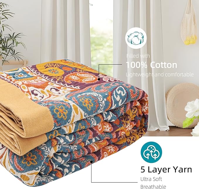 Boho Throw Blanket for Bed - 100% Pure Cotton Ultra Soft Rustic Quilt - Farmhouse Decor Bed Blankets, All Season Rustic Throw for Sofa Couch Chair(60"×80", Boho Flover)-Ruum Studio Home