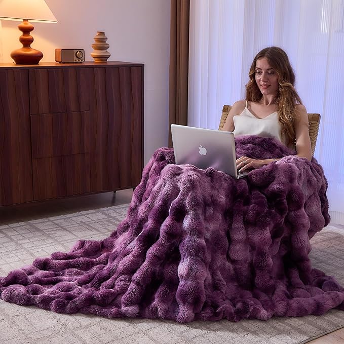 Lotus Karen Faux Fur Throw Blanket Tie-dye Violet - Big Bubble Rabbit Fluff Blanket for Couch Bed Sofa,Softest Fluffy Fuzzy Cozy Blanket,Thick Furry Plush Shaggy Warm Blankets for Women,108x90 Inches-Ruum Studio Home