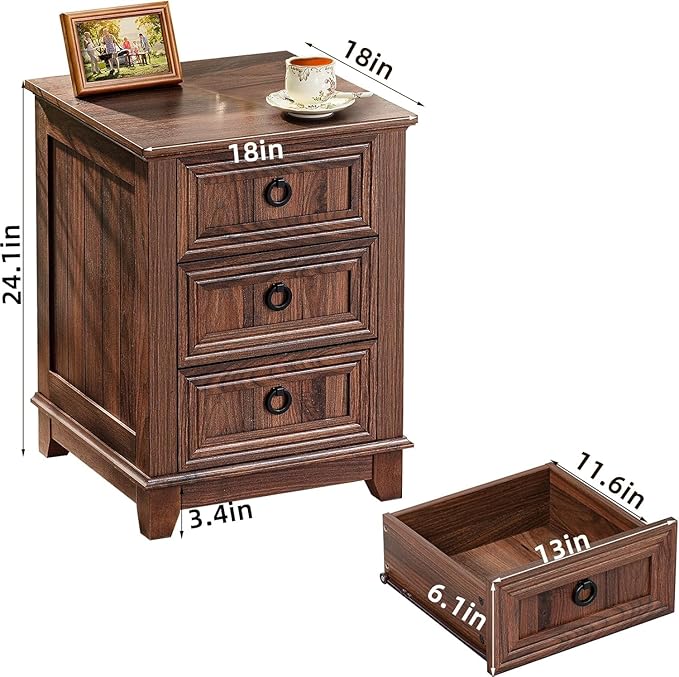 18" Farmhouse Night Stands Set of 2 with Charging Station, 2 & 3 Drawers End Table Dresser for Bedroom, Brown Wooden Nightstand, Bed Side Table with Open Shelf, Bedside Cabinet for Living Room-Ruum Studio Home