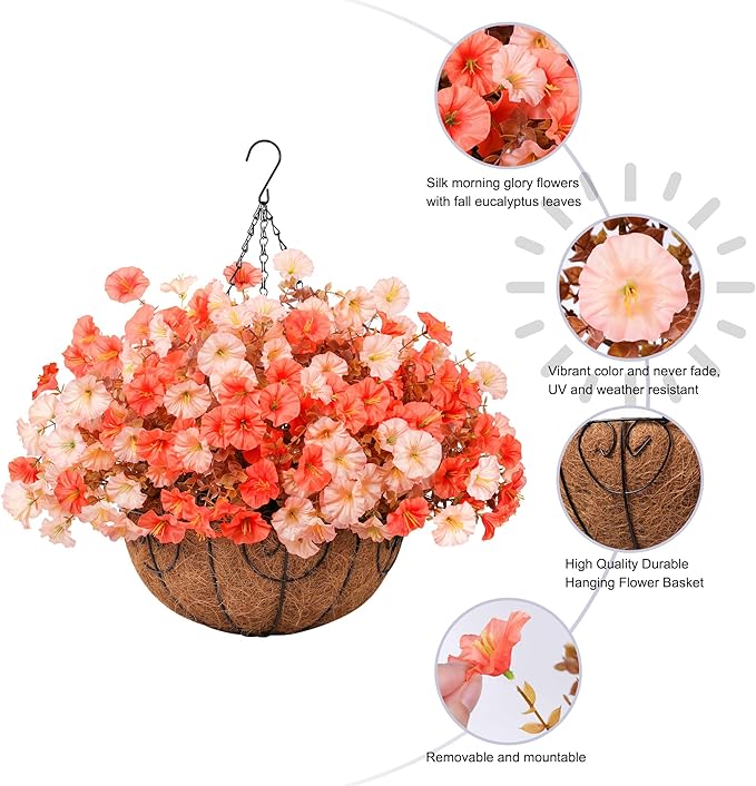 Artificial Fall Flowers Fake Hanging Plants Flowers Basket for Outdoors Autumn Decoration, Silk Morning Glory with Eucalyptus Look Real UV Resistant Faux Flowers for Outside Porch Patio Balcony, Mix-Ruum Studio Home