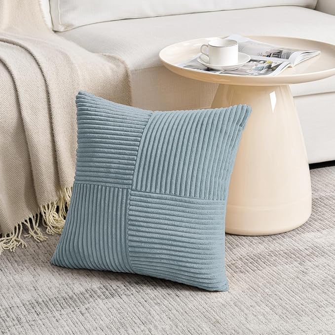 Fancy Homi Set of 2 Light Blue Big Decorative Throw Pillow Covers 24x24 Inch for Couch Bed Sofa, Rustic Farmhouse Boho Home Decor, Soft Cross Corduroy Patchwork Accent Square Cushion Case 60x60 cm-Ruum Studio Home
