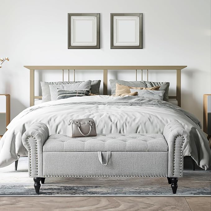 Furniliving 51” Bedroom Bench, End of Bed Bench with Button-Tufted Large Upholstered Storage Bench Ottoman Linen Window Benches with Storage Shoe Cabinet, for Bedroom, Entryway, Closet, Grey-Ruum Studio Home