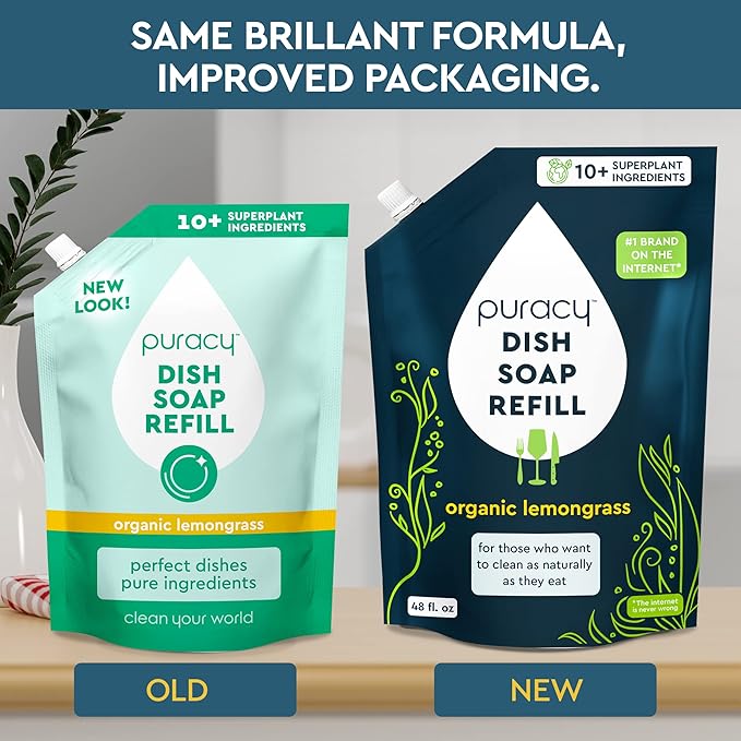 Puracy Natural Dish Soap Refill - Skin-Softening Plant-Based Liquid Dishwashing Detergent Soap, Clean-Rinsing Water-Sheeting Formula (Organic Lemongrass, 48 fl oz)-Ruum Studio Home