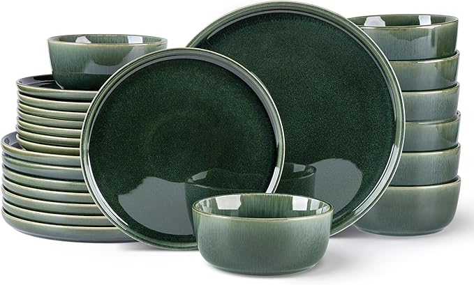 GBHOME Ceramic Dinnerware Sets for 8, 24 Pieces Stoneware Plates and Bowls Sets, Reactive Glaze Dishes -Scratch Resistant, Dishwasher&Microwave Safe, Earth Green-Ruum Studio Home