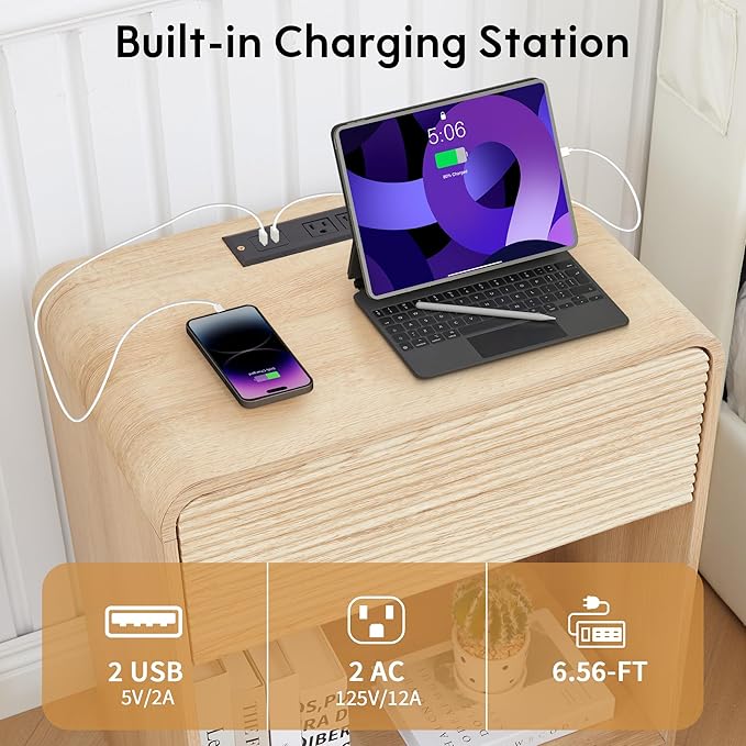 Fluted Nightstand Set of 2 with Charging Station, Modern Bed Side Table End Table with Drawer Storage, Large Wooden Night Stands Bedside for Bedroom Living Room Sofa Office, Natural 2 Sets-Ruum Studio Home