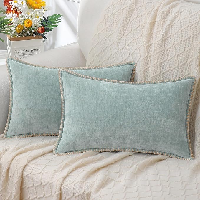decorUhome Chenille Soft Throw Pillow Covers 12x20 Set of 2, Lumbar Velvet Farmhouse Neutral Decorative Euro Pillow Covers with Stitched Edge for Couch Sofa Bed Home Decor, Aqua Haze-Ruum Studio Home
