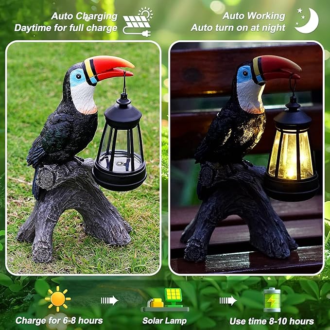 Toucan Garden Statues Decor, Solar Waterproof 9.5" Colorful Tropical Bird Sculpture with LED Lights Funny Garden Outdoor Exotic Bird Sculpture Decoration for Lawn Porch Yard Patio Tiki Bar-Ruum Studio Home