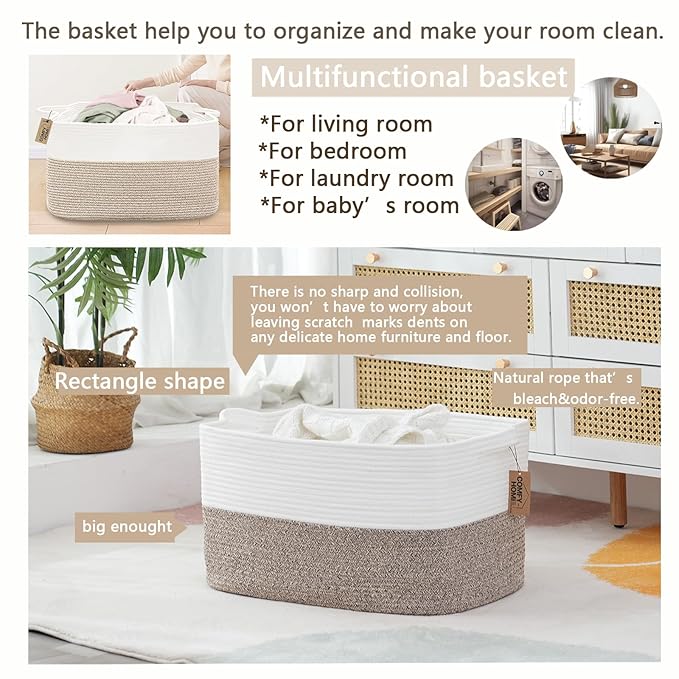 COMFY-HOMI Large Laundry for Organizing|Rectangle Cotton Rope Storage with Handles|Blanket for Living Room|Woven Laundry for Towels, Toys, Clothes-22x15x12”-White/Brown-Ruum Studio Home