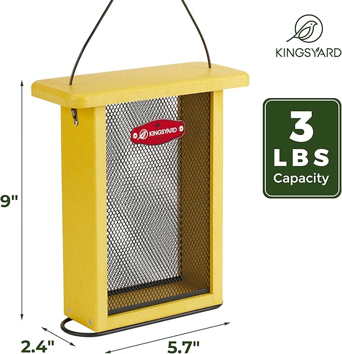 Kingsyard Metal Mesh Bird Feeder for Outdoors Hanging, Finch Feeder for Nyjer/Thistle, Sliding Mesh & Built-in Perch, Recycled Plastic, Yellow-Ruum Studio Home