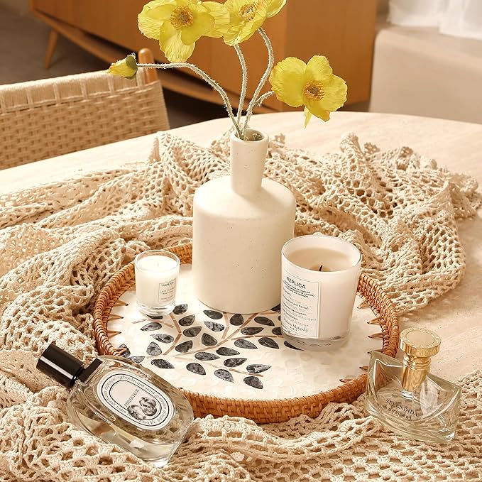Round Rattan Tray with Mother of Pearl Inlay & Wooden Base - Decorative Wicker Serving Tray for Coffee/Bread/Fruits, Food Storage & Display - Multipurpose Home Decor (L,Little Tree)-Ruum Studio Home