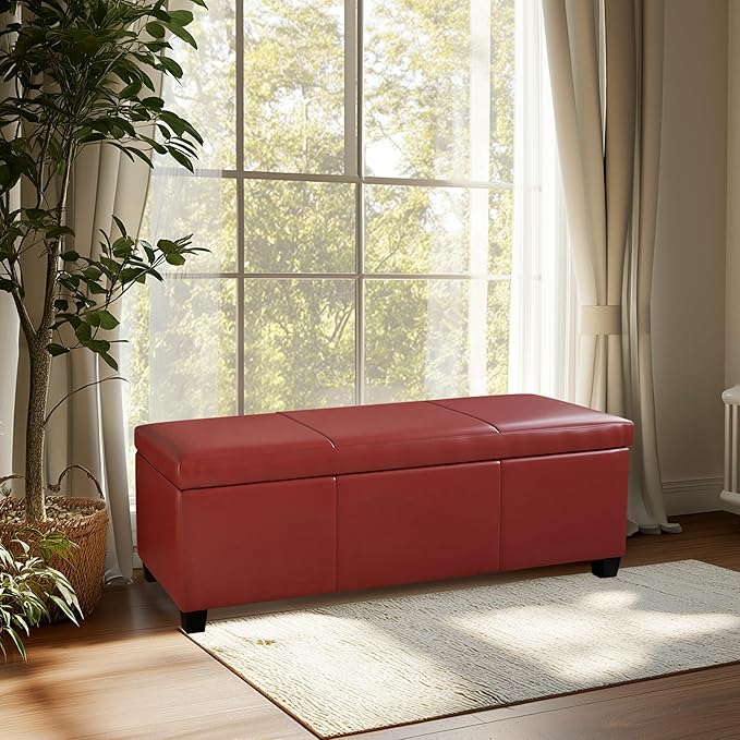 BELLEZE Storage Faux Leather Ottoman, 47 Inch Bench Bedroom Bench with Safety Close Hinge, Extra Long Ottoman with Storage for Living Room, Entryway, Hallway, Foot Rest, Support 300lbs - Red-Ruum Studio Home