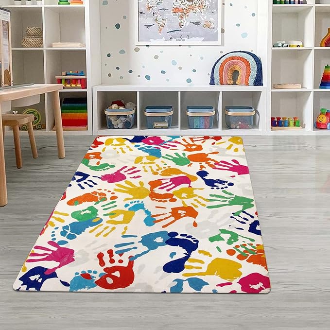 STARUIA Handprints and Footprints Kids Rug Play Carpet, 4'x6' Washable Colorful Area Rug for Nursery Room, Ultra Soft Non-Slip Indoor Play Mat for Bedroom Playroom Classroom-Ruum Studio Home