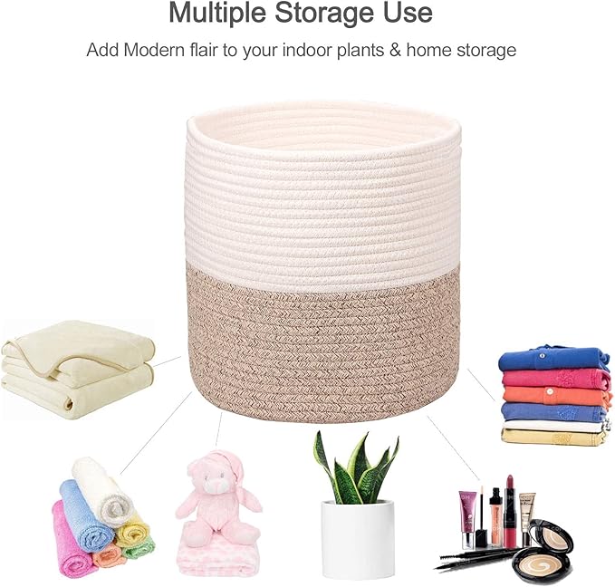 Woven Cotton Rope Plant Basket for 11 inch Flower Pot Floor Indoor Planters,Decorative Small Basket for Plants Storage Organizer Modern Home Decor (12" x 12", Khaki)-Ruum Studio Home