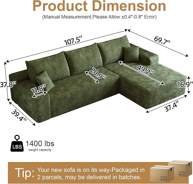 108" Sectional Couches for Living Room Modern Modular Sofa with L-Shape Couchs Upholstered Boneless Couch Deep Seat Sectional Couch with Chaise (Green, Right Facing Chaise+2Seaters)-Ruum Studio Home