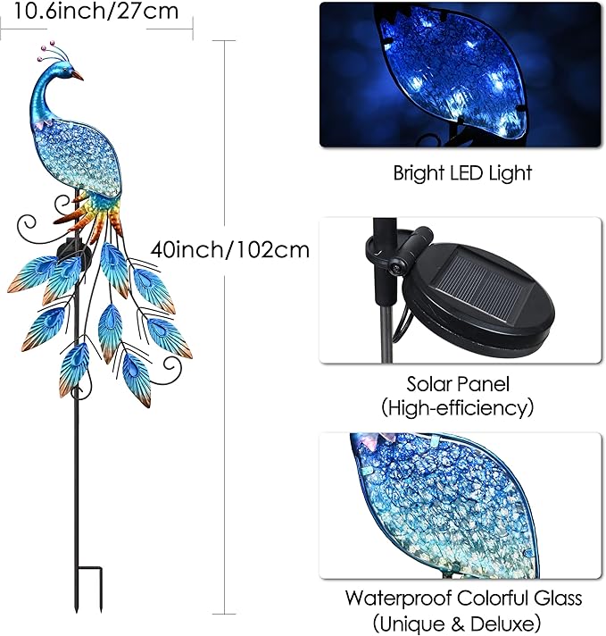 TERESA'S Collections Garden Decor Blue Peacock with Solar Outdoor Lights, 40" Glass Yard Art for Outside, Decorative Metal Stake Outdoor Decor for Lawn Decorations, Patio, Gifts for Mom-Ruum Studio Home