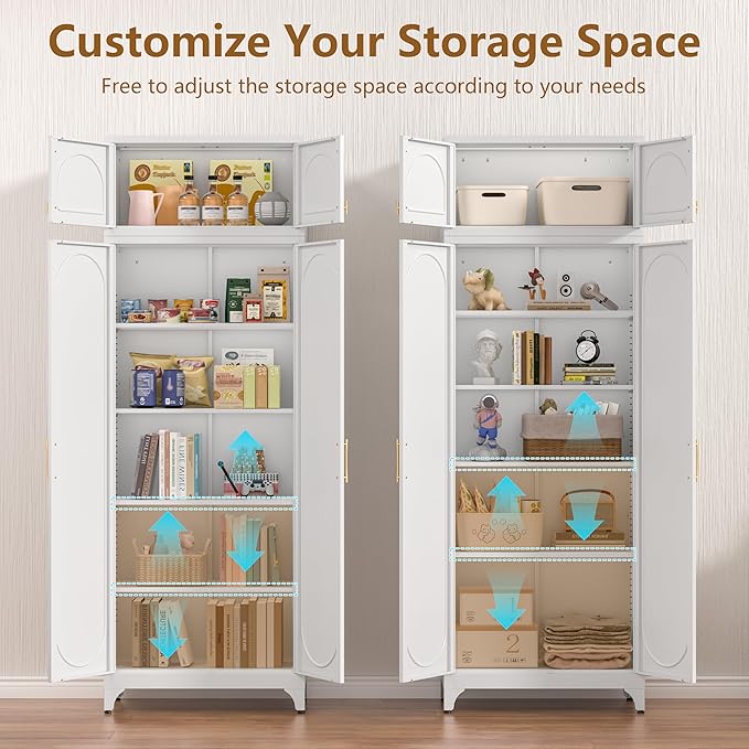 Kitchen Pantry Cabinet, 90" Tall Metal Pantry Cabinet, Food Cupboards with Doors and Shelves, Freestanding Storage Cabinets for Dining, Living Room, 16"D x 32"W x 90"H, White, Assembly Required-Ruum Studio Home