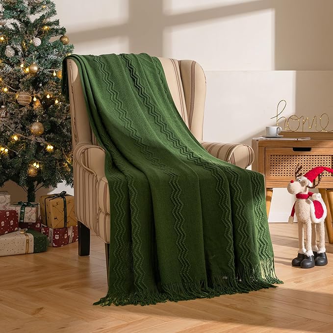 MIULEE Olive Green Knitted Throw Blanket for Couch Boho Textured Cozy Woven Blanket with Tassels for Sofa Chair Bed Living Room Spring Acrylic Wave Pattern 50"x60"-Ruum Studio Home