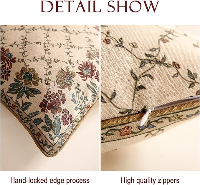 patdrea Designer Throw Pillow Covers Set of 4,Euro Vintage Light Brown Linen with Floral Collection Pattern Pillow Cover,Decorative Square Lumbar Round Pillowcases Cushion for Bed Living Room Car-Ruum Studio Home
