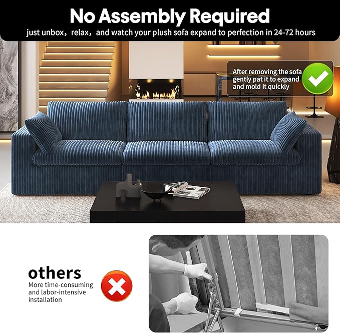 118" 3-Seater Cloud Sofa,Modular Sectional Couch,Modern Deep Seat Upholstered Couches with Plush Corduroy Fabric for Living Room Furniture,Bedroom and Apartment,No Assembly Required,Blue-Ruum Studio Home