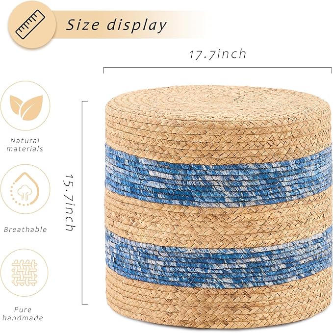 Handwoven Ottoman Pouf, Natural Water Hyacinth Footstool, Round Braided Outdoor Seat with Sturdy Frame, Boho Accent Stool for Patio, Balcony, or Garden (Blue)-Ruum Studio Home