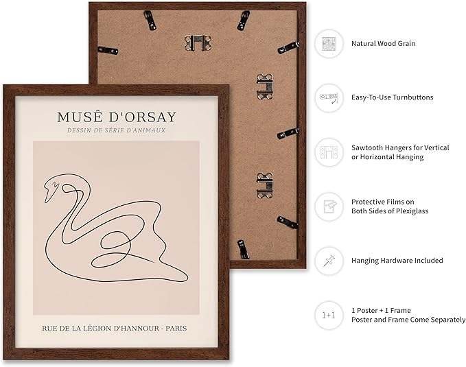 Poster Master Vintage Poster - Retro One Line Swan Drawing Print - Swan Art - Bird Art - Minimal Gift for Her, Animal Lover - Abstract Decor for Home, Office, Bedroom, 16x20 Brown Framed-Ruum Studio Home