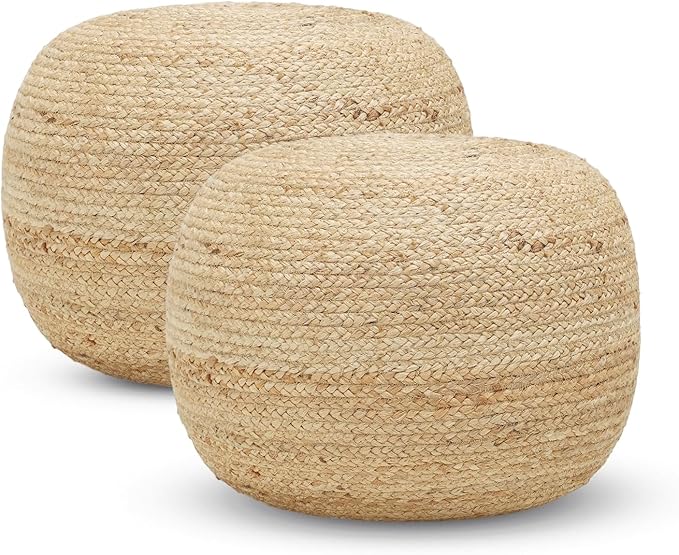 REDEARTH · Jute Circular Pouf Ottoman - Braided Pouffe Accent Sitting Round Footrest for Living Room, Bedroom, Nursery, kidsroom, Patio, Gym; 100% Jute Set of 2 (19.5"x19.5"x14"; Jute Natural)-Ruum Studio Home