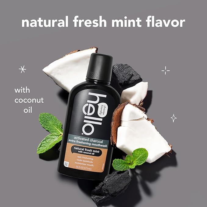 Hello Activated Charcoal Extra Freshening Mouthwash, Natural Fresh Mint and Coconut Oil, Fluoride Free, Alcohol Free, Vegan, SLS Free and Gluten Free, 16 Fl Oz (Pack of 3)-Ruum Studio Home