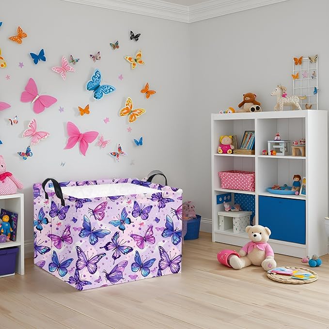 HIYAGON Rectangular Butterfly Basket Baby Storage Basket Storage Bin Organizer Box Room Decor(Purple Butterfly)-Ruum Studio Home