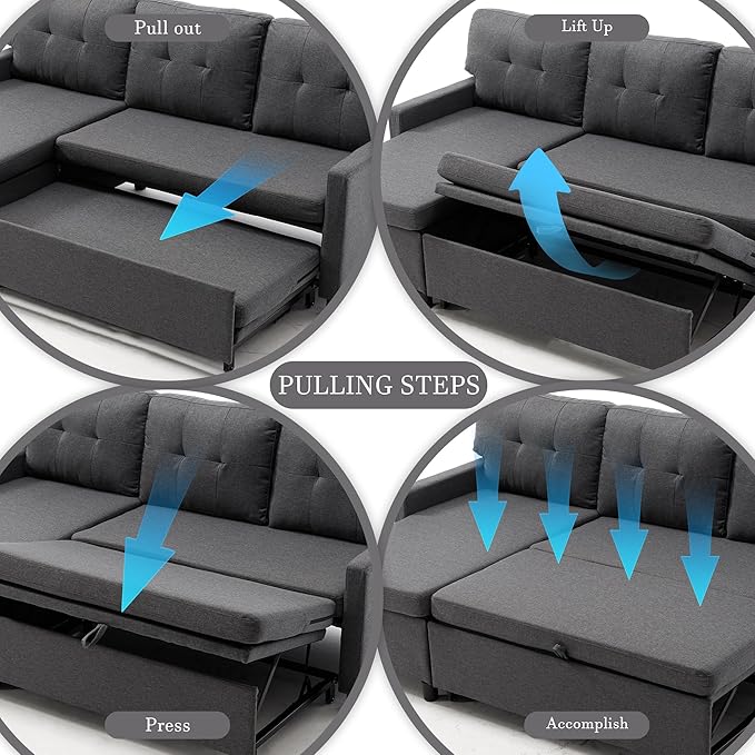 Pull Out Couch, Oversized Sleeper Sofa Couch, Sectional Sleeper Sofa Bed for Living Room Bedroom Lounge (Grey, 110 Inch)-Ruum Studio Home
