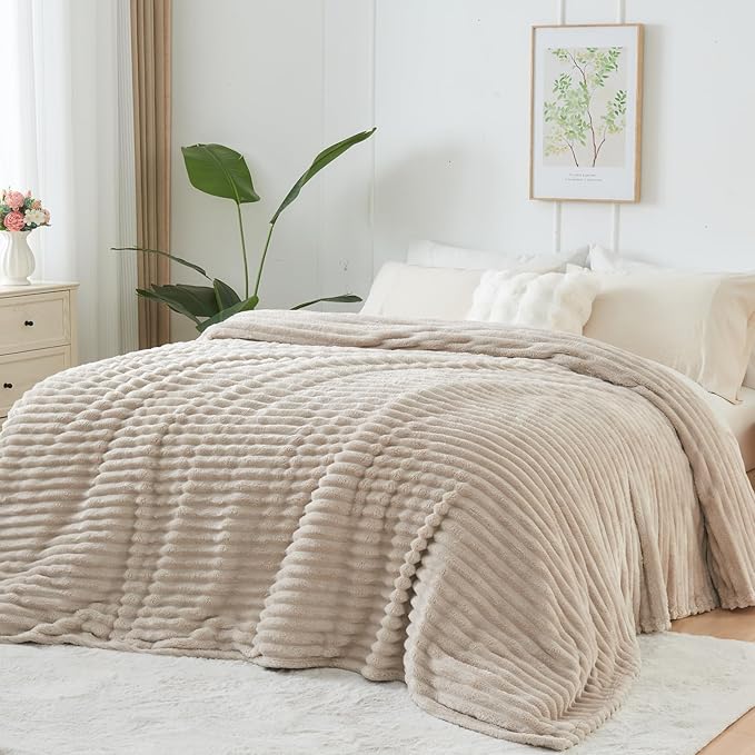 NEWCOSPLAY Super Soft Throw Blanket Linen Premium Silky Flannel Fleece 3D Ribbed Jacquard Lightweight Bed Blanket All Season Use (Linen Ribbed, Throw(50"x60"))-Ruum Studio Home