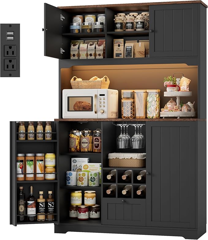 FINETONES 71" Pantry Cabinet with LED Light and Charging Station, Kitchen Pantry Cabinet with Microwave Stand, Kitchen Hutch Food Storage Cabinet with Outlet and Wine Racks, Black-Ruum Studio Home
