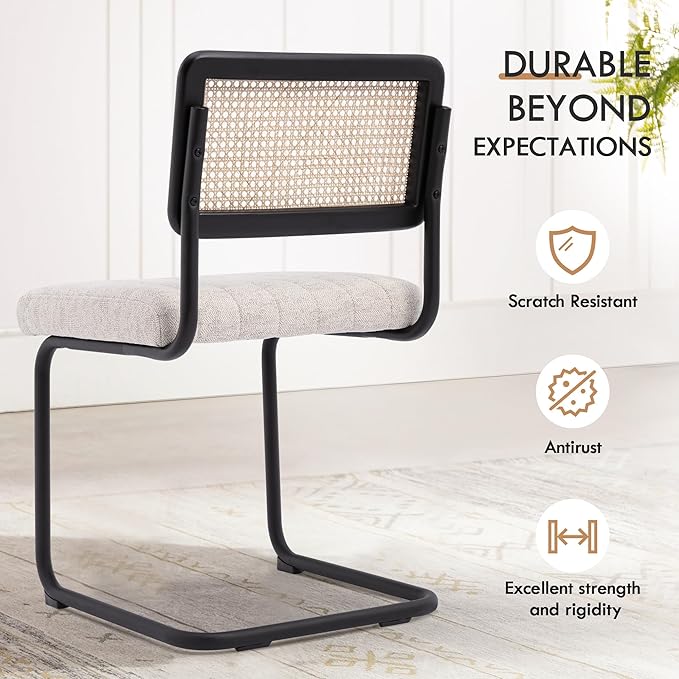 Natural Rattan Dining Chairs Set of 4, Modern Kitchen Chairs with Solid Wood Back, Upholstered Cesca Side Chairs with Comfy Linen Cushion-Ruum Studio Home