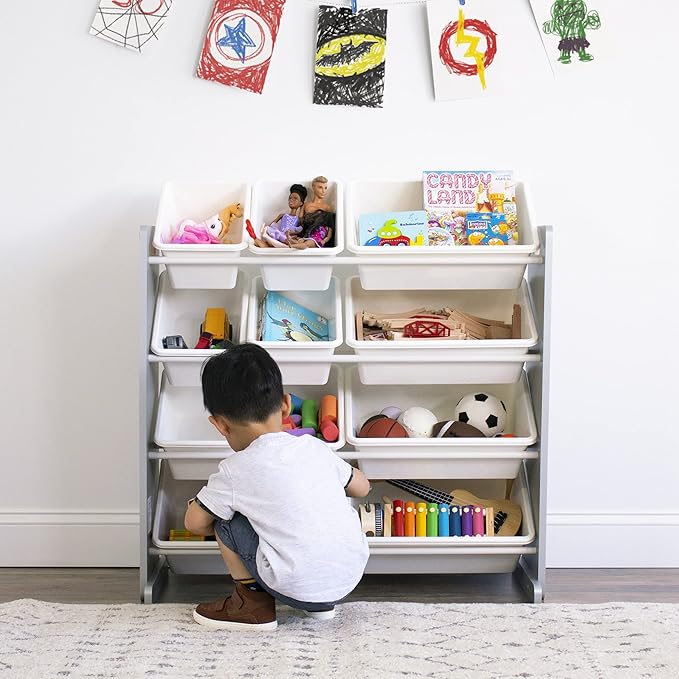 Humble Crew Kids Toy Storage Organizer with 12 Plastic Bins, Grey/White – Removable Bins for Playroom, Bedroom, Toddler Furniture for Boys and Girls Ages-Ruum Studio Home