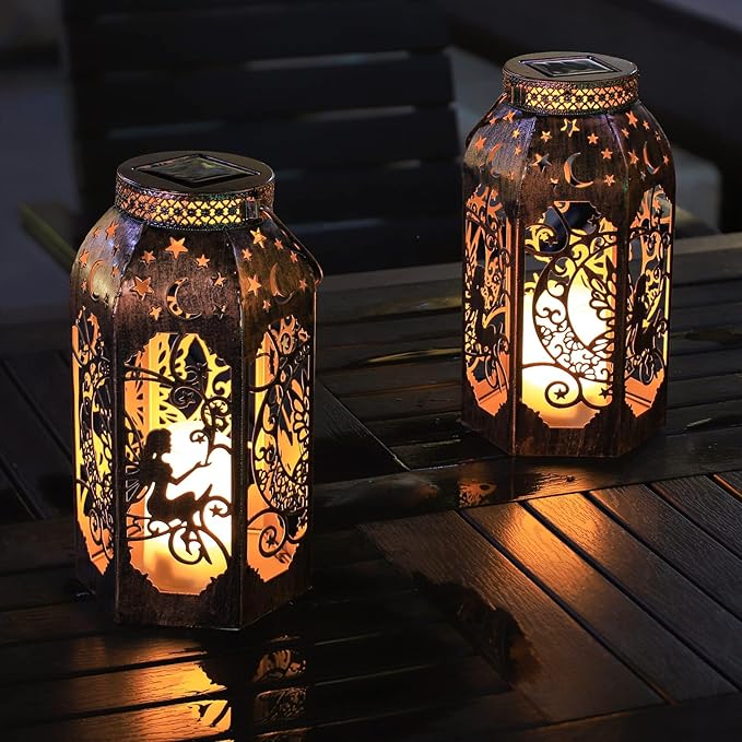 Solar Lanterns Outdoor Garden Hanging Lantern Waterproof LED Metal Bronze Moon Fairy Lantern Waterproof Flickering Flameless Candle Mission Lights for Table,Patio,Mother's Day Gift(2Pack)-Ruum Studio Home