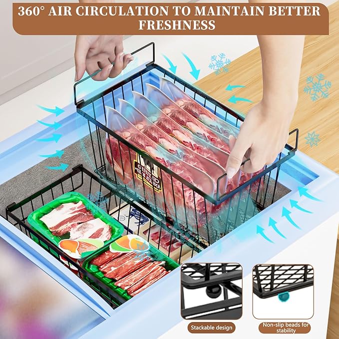6 Pack Stackable Deep Freezer Organizer Bins ，Upgraded Bottom Leak-Proof net，Encryption and Hardening ， Freezer Organizer Bins for 5 to 9 Cu.FT Small Chest Freezer， Easy Get Bottom Foods-Ruum Studio Home