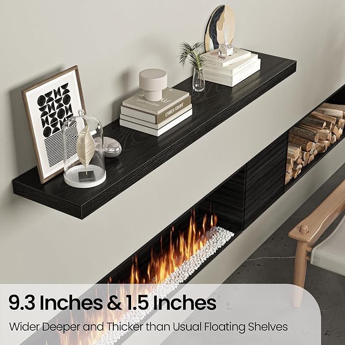 Floating Shelves for Wall, 48" W x 9.3" D x 1.5" H, Wooden Wall Mounted Display Shelves with Invisible Brackets for Living Room, Bedroom, Bathroom, Kitchen Decor and Storage, Set of 1, Black-Ruum Studio Home