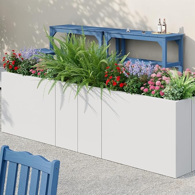 Stoog 38" Large Planters for Outdoor Plants, All-Weather Rectangular Metal Planter Box with Removable Insert Shelf, and Modern Design – Ideal for Plants, Flowers, Vegetables, Garden, White-Ruum Studio Home