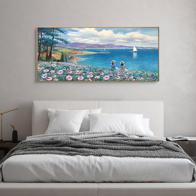 XLSJERST Large Landscape Wall Art - Blue Ocean Pink Flower Sailboat Mountain Tree Wall Decor Orange Frame Artwork for Wall Large Picture for Living Room Bedroom Home Office Decoration Size 29x58-Ruum Studio Home