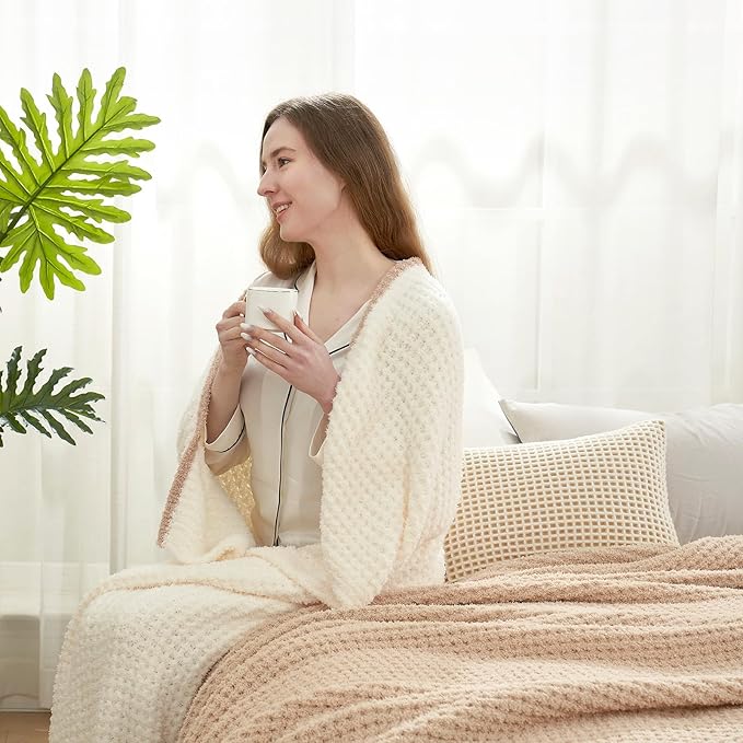 Snuggle Sac Cream Waffle Throw Blanket for Couch Bed Sofa 60x80 inches, Reversible Cream Blanket Microfiber Fluffy Fuzzy Cozy Knit Twin Blanket for Women Mothers Birthday Gifts-Ruum Studio Home