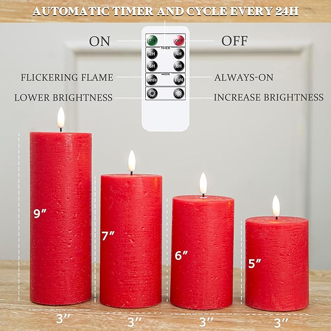 LUSHABOR Flameless Candles, 4 Pack Battery Operated Candles with Remote, Real Wax LED Fake Candles with Timer Flickering for Christmas Wedding Home Party D3 H 5" 6" 7" 9" Red-Ruum Studio Home