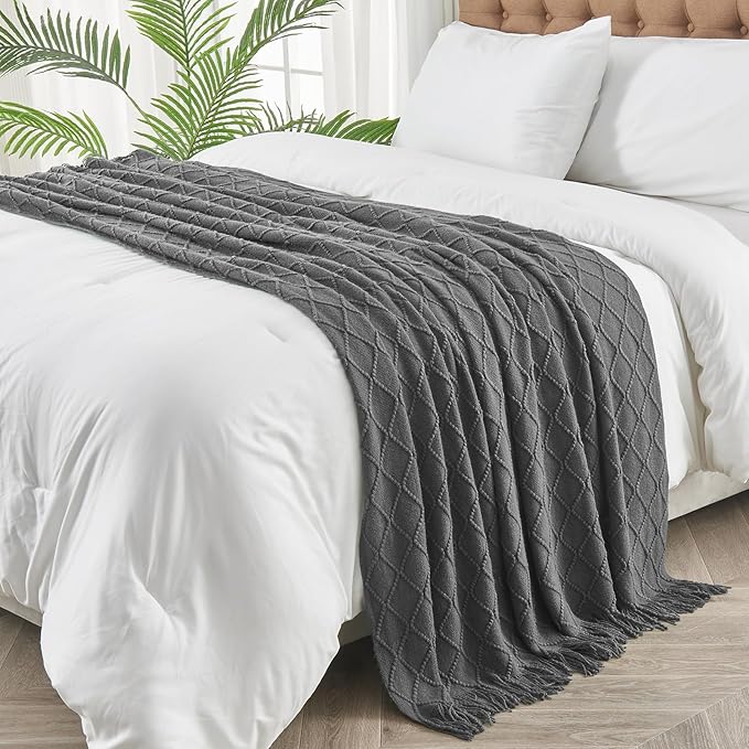 inhand Grey Throw Blanket for Couch and Bed, Soft Living Room Home Decor Knitted Blanket with Tassel, Outdoor Lightweight Breathable Summer Blanket, Farmhouse Warm Woven Decorative, 50"x60"-Ruum Studio Home