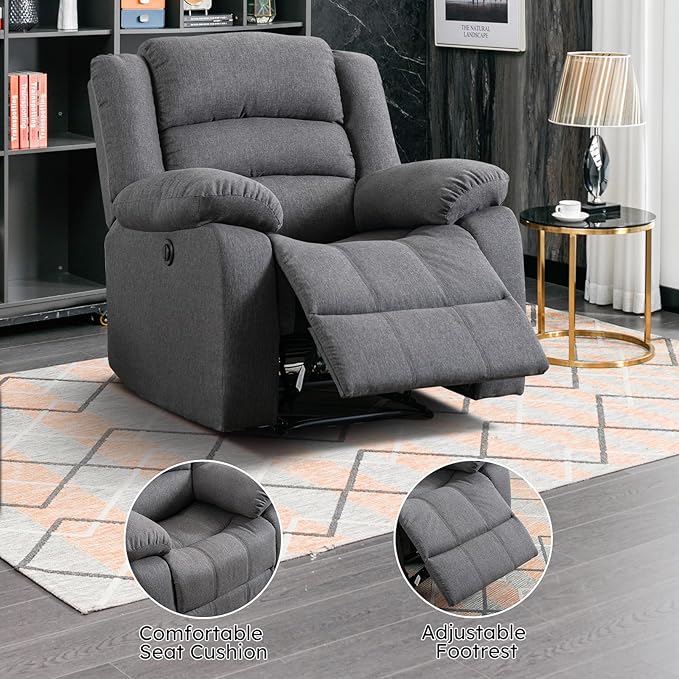 EBELLO Classic Power Recliner Chair, Oversized Electric Reclining Chair with Overstuffed Cushion and Back, Soft Fabric Adults Single Recliner Sofa for Living Room, Grey-Ruum Studio Home