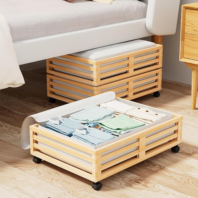 Bamboo Under Bed Storage Containers- Underbed Organizer with Wheels with Large Dust Bag,Sturdy Wood Rolling Under the Bed Shoe Storage Organizer Drawer 2 Packs (Nature, Small)-Ruum Studio Home