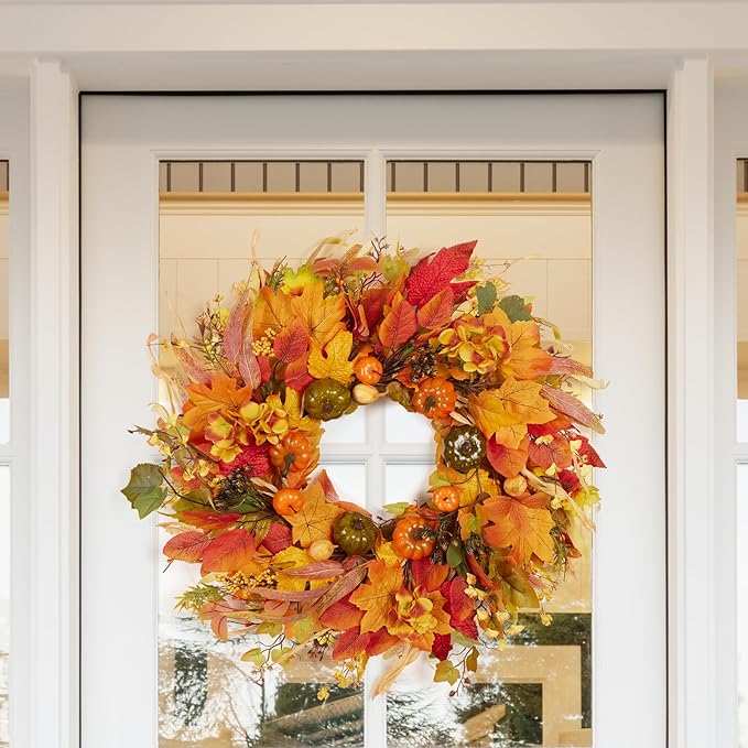 Fall Wreath for Front Door,24" Autumn Front Door Wreath Fall Decorations with Pumpkins Hydrangea Maple Leaves for Porch Window Farmhouse Halloween Thanksgiving Harvest Festival Home Decor-Ruum Studio Home